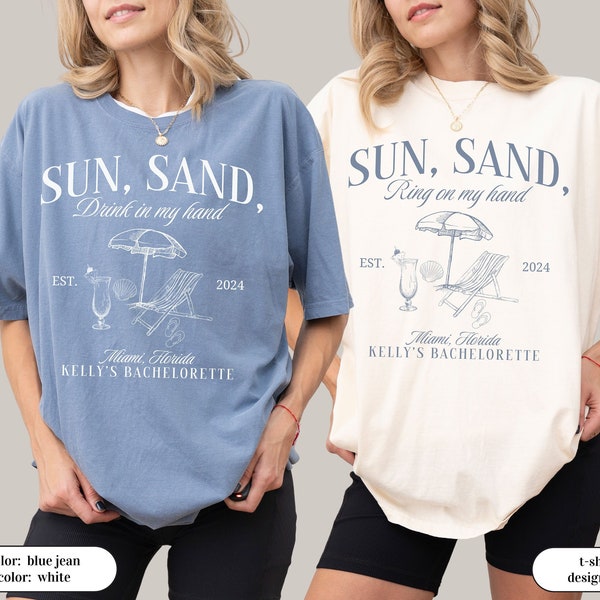 Beach Bachelorette Party Shirts, Personalized Luxury Bachelorette Shirt, Sun Sand and a Ring on My Hand, Custom Coastal Bachelorette