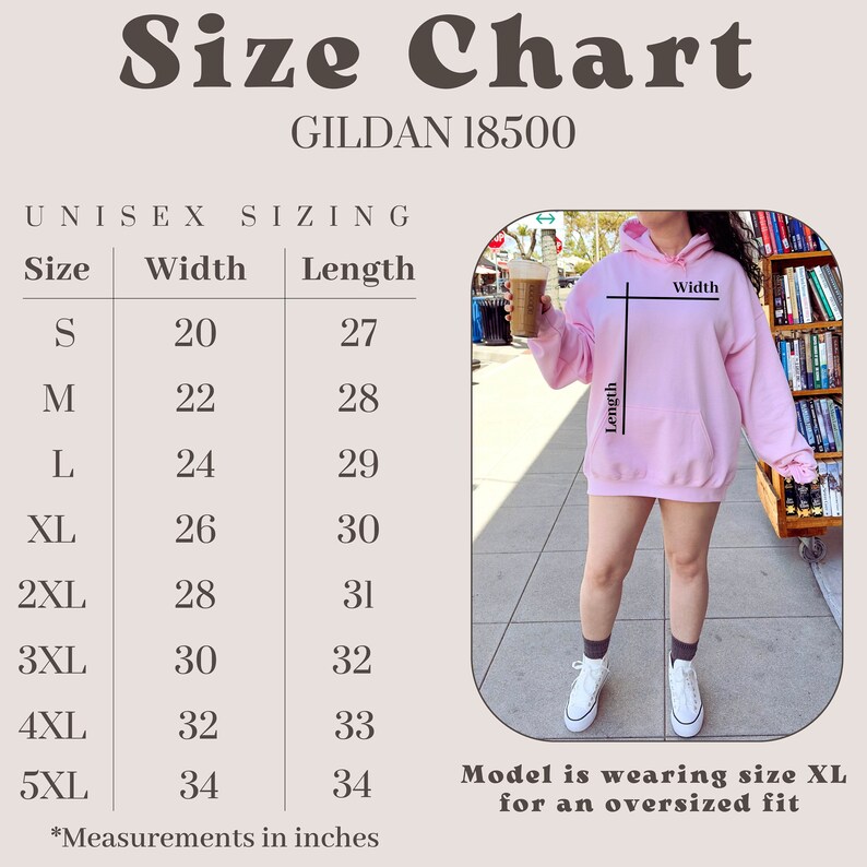 May include: Size chart for unisex hoodies, showing width and length measurements in inches for sizes S through 5XL. The chart is labeled "Gildan 18500". A model is wearing a pink hoodie in size XL, demonstrating an oversized fit.