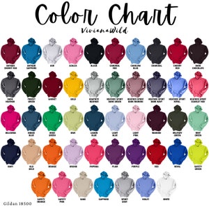 May include: Color chart for Gildan 18500 hoodies, showing a variety of colors, including antique cherry red, antique sapphire, ash, azalea, black, cardinal red, carolina blue, charcoal, cherry red, dark chocolate, dark heather, forest green, garnet, gold, graphite heather, heather sport dark green, heather sport dark maroon, heather sport dark navy, heather sport royal, heather sport scarlet red, heliconia, indigo blue, irish green, kiwi, legion blue, light blue, light pink, maroon, military green, mint green, navy, old gold, orange, orchid, paprika, plum, purple, red, royal, safety green, safety orange, safety pink, sand, sapphire, sport gray, violet, and white.