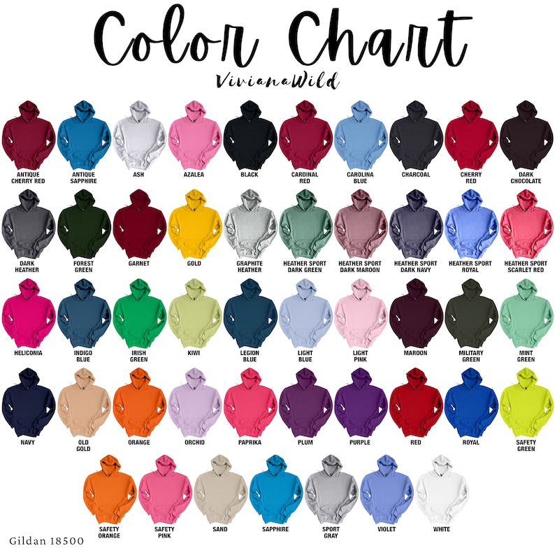 May include: Color chart for Gildan 18500 hoodies, showing a variety of colors, including antique cherry red, antique sapphire, ash, azalea, black, cardinal red, carolina blue, charcoal, cherry red, dark chocolate, dark heather, forest green, garnet, gold, graphite heather, heather sport dark green, heather sport dark maroon, heather sport dark navy, heather sport royal, heather sport scarlet red, heliconia, indigo blue, irish green, kiwi, legion blue, light blue, light pink, maroon, military green, mint green, navy, old gold, orange, orchid, paprika, plum, purple, red, royal, safety green, safety orange, safety pink, sand, sapphire, sport gray, violet, and white.