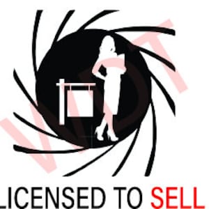 Pode incluir: Silhueta em preto e branco de uma pessoa em pé ao lado de uma placa de imobiliária com um design de redemoinho atrás. O texto "LICENSED TO SELL" está abaixo da imagem.