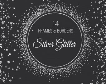 Silver glitter frames PNG. Glitter overlay. Glitter border frame, circle & oval frames. Christmas, birthday or wedding invitation clipart