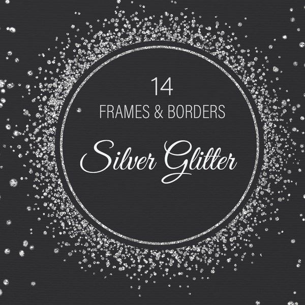 Silver glitter frames PNG. Glitter overlay. Glitter border frame, circle & oval frames. Christmas, birthday or wedding invitation clipart