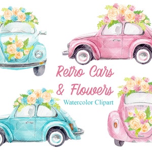 Aquarell Vintage Auto Clipart Käfer Auto mit Blumen Süße Autos png Perfekt für Drive by Baby Shower oder Geburtstagsparade Kommerzielle Nutzung png