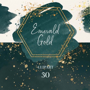 Watercolor splash clipart Emerald gold glitter Brush stroke png Abstract shapes logo elements, Christmas background & golden foil frames