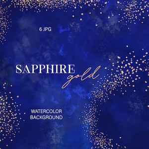 Sapphire blue & Gold background clipart Gold glitter splashes, splatters Abstract watercolor texture Watercolor background with golden foil