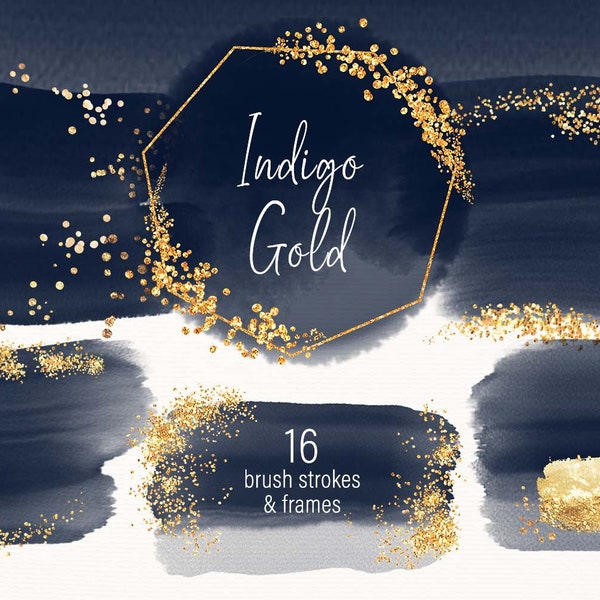 Watercolor splash clipart Indigo gold glitter Brush stroke png Abstract shapes logo elements, Christmas background, golden foil frames