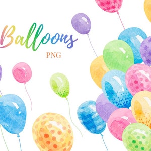 Palloncini ad acquerello colorati clipart PNG Ottimo per biglietto di compleanno, inviti a feste, decorazione di celebrazioni Palloncini digitali Uso commerciale