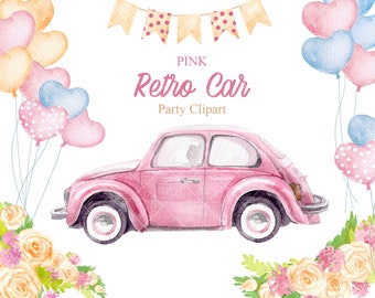 Vintage car watercolor clipart. Beetle with balloons and flowers png. Cute clipart for baby shower invites or drive by kids birthday party