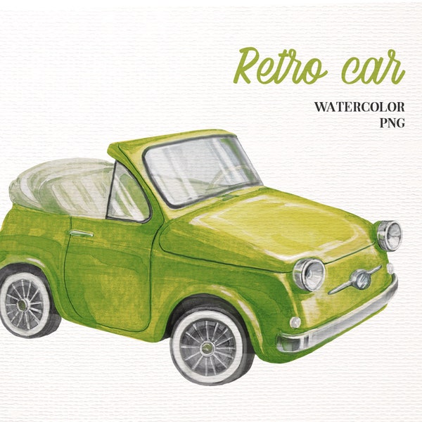 Vintage car clipart. Classic car watercolor png. Cute Lime Fiat 500 Art for nursery decor, posters, sublimation. Commercial licence