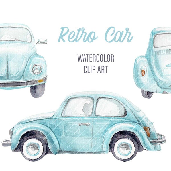 Vintage car clipart. Classic car watercolor png. Cute Beetle cat Art for nursery decor, posters, sublimation. Commercial licence