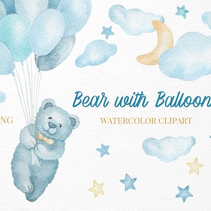 Teddybär Clipart Aquarell Bär mit Luftballons Fliege, Wolken, Mond, Sterne Clipart Babyparty Clipart Nachthimmel png Kommerzielle Lizenz