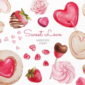 Sweet Love Candy clipart. Watercolor sweets clipart. Hand drawn sugar heart cookies, chocolate strawberry, macaroons, lollipop png desserts.