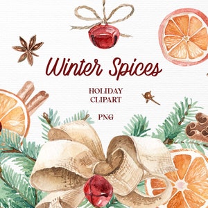 Watercolor Christmas clipart Winter greenery, christmas bell, bow and watercolor spices png: orange slices, cinnamon and more Commercial use