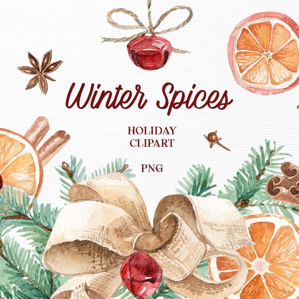 Aquarelle Clipart de Noël Verdure hivernale, cloche de Noël, arc et aquarelle épices png: tranches d’orange, cannelle et plus Usage commercial