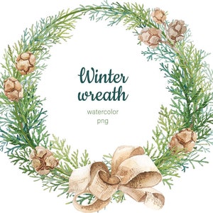 Aquarelle couronne d’hiver couronne de Noël png Aquarelle verdure clipart Cadre avec branches à feuilles persistantes, pommes de pin, arc Licence commerciale