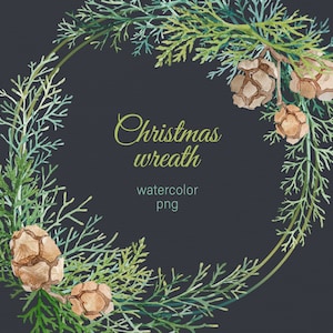 Couronne de Noël à l’aquarelle PNG Cadre circulaire de verdure clipart d’hiver avec branches à feuilles persistantes émeraude et pommes de pin Licence commerciale