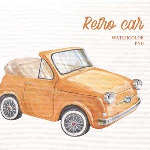 Vintage car clipart. Classic car watercolor png. Cute Yellow Fiat 500 Art for nursery decor, posters, sublimation. Commercial licence