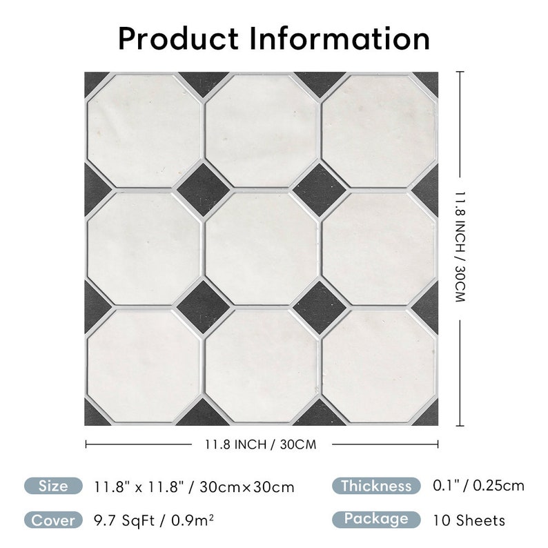 10 Pcs 3D Geometric Peel and Stick Wall Tile, Vintage Design, Retro White Light Gray and Black Stick On Tile, Water&Heat Resistant,Matte zdjęcie 3