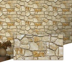 May include: A stone wall with a natural, textured appearance. The wall is composed of irregularly shaped stones in shades of beige, tan, and brown. The stones are arranged in a pattern, creating a rustic and organic aesthetic. The image suggests a focus on home decor or building materials.