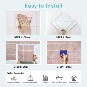 May include: A four-step instructional graphic titled Easy to Install showing the application of pink square adhesive wall tiles. Steps include cleaning the surface, peeling the backing, sticking the tiles, and smoothing them with a blue tool.
