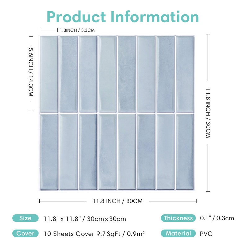 10Pcs 3D Mosaic Peel and Stick Wall Tile Vintage Retro Light Blue Linear Mosaic Stick on Backsplash Water Resistant Matt, 1212 Inch zdjęcie 6