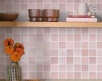 Thicker 3D Pink Peel and Stick Wall Tiles: Glossy Square Vinyl Backsplash, 10 Sheets