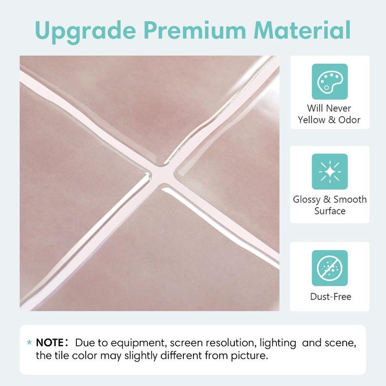 May include: A close-up of dusty pink square tiles with white grout lines. The image includes text: Upgrade Premium Material, Will Never Yellow & Odor, Glossy & Smooth Surface, Dust-Free, and a note about potential color variations due to lighting.