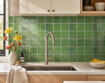 Thicker 3D Green Peel and Stick Wall Tiles, Vinyl Backsplash Kitchen, 10pcs 12"x12"
