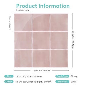 May include: A square grid of nine dusty pink tiles with a glossy finish. The overall dimensions are 12 inches by 12 inches, with each individual tile measuring 3.9 inches by 3.9 inches. The product information indicates a vinyl material composition.