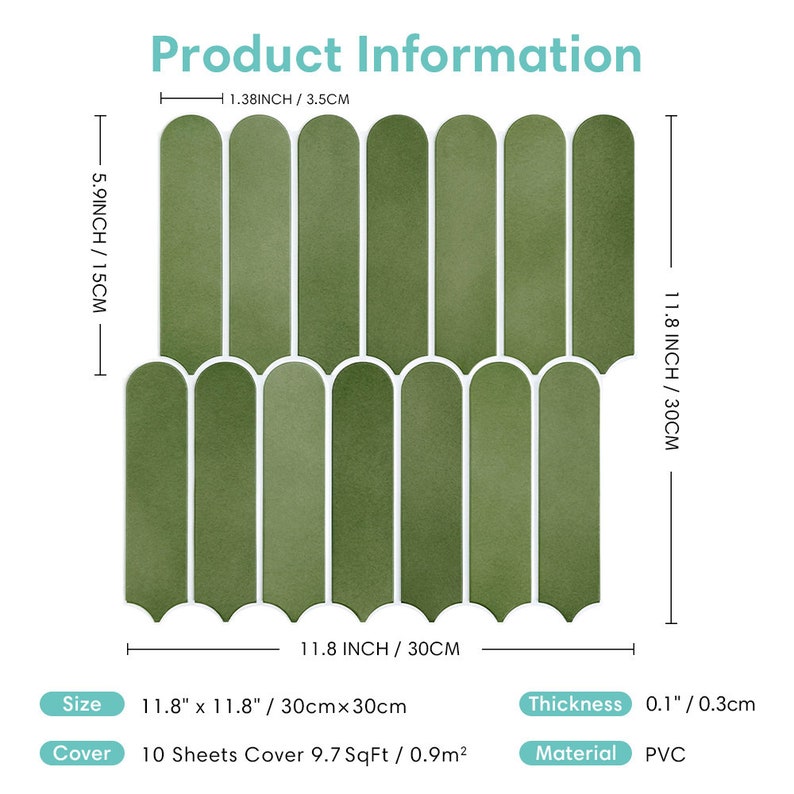 K&ouml;nnte beinhalten: Gr&uuml;ne PVC-Fliesenplatten mit einem Bogen-Design. Jede Fliese misst 30 cm x 30 cm. Die Dicke betr&auml;gt 0,3 cm. Die Produktinformationen enthalten Ma&szlig;e in Zoll und Zentimetern.