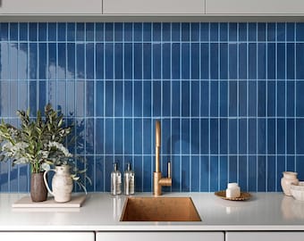 Navy Blue Linear Mosaic Peel and Stick Backsplash, Vinyl Kitchen Tile (10 Pcs)