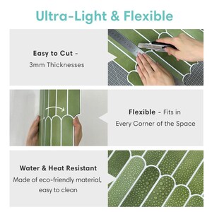 K&ouml;nnte beinhalten: Gr&uuml;ne Fliesen mit wei&szlig;em Rand, die mit einem Teppichmesser geschnitten werden. Der Text lautet "Ultra-Light & Flexible", "Leicht zu schneiden - 3 mm Dicke", "Flexibel - Passt in jede Ecke" und "Wasser- und hitzebest&auml;ndig".