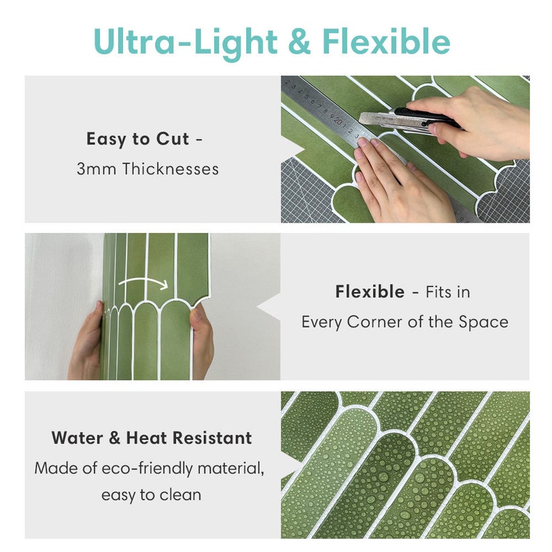 K&ouml;nnte beinhalten: Gr&uuml;ne Fliesen mit wei&szlig;em Rand, die mit einem Teppichmesser geschnitten werden. Der Text lautet "Ultra-Light & Flexible", "Leicht zu schneiden - 3 mm Dicke", "Flexibel - Passt in jede Ecke" und "Wasser- und hitzebest&auml;ndig".