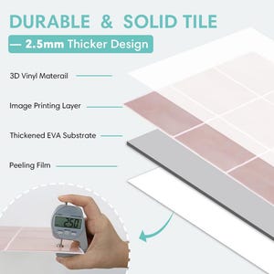 May include: A multi-layered tile with a 2.5mm thicker design, featuring a 3D vinyl material, image printing layer, thickened EVA substrate, and a peeling film. A digital gauge shows a measurement of 2.50mm on the edge of the tile.