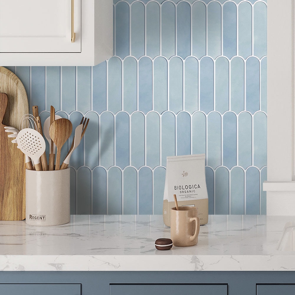 Sunwings 16-Sheet Peel And Stick Backsplash Tile, 9" X 9" Stacked 3D Handmade Looks Square Self Adhesive Wall Tiles For Kitchen Bathroom, Blue