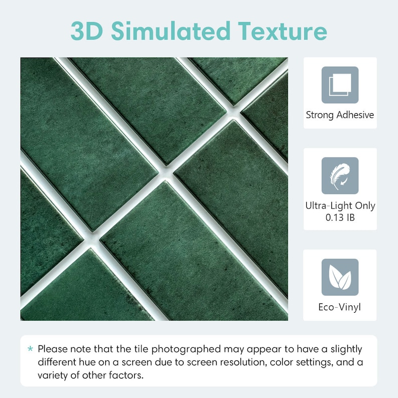 10Pcs 3D Dark Green Peel and Stick Backsplash Tile,Matt Mosaic Stick on Tiles for Interior Wall Decor,Heat & Water Resistant,11.8x11.8 image 3