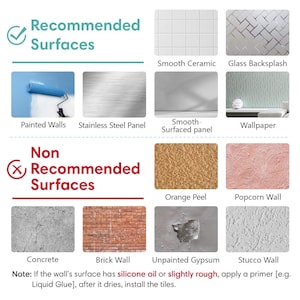 May include: An informational chart displaying recommended surfaces for installation, including smooth ceramic, glass, stainless steel, painted walls, and wallpaper, alongside non-recommended surfaces like concrete, brick, and stucco.