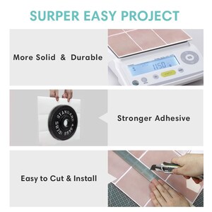 May include: A set of pink adhesive wall tiles with the text SURPER EASY PROJECT, More Solid & Durable, Stronger Adhesive, and Easy to Cut & Install. The tiles are shown being weighed on a scale at 1150g, supporting a 10 lbs weight, and being cut.