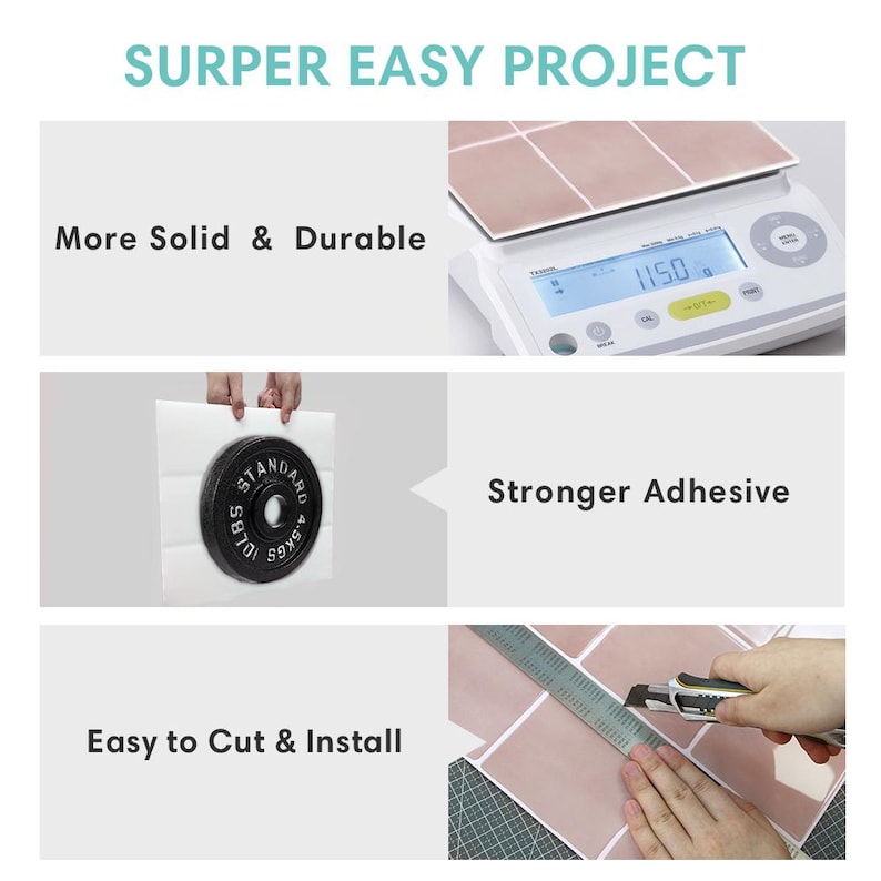 May include: A set of pink adhesive wall tiles with the text SURPER EASY PROJECT, More Solid & Durable, Stronger Adhesive, and Easy to Cut & Install. The tiles are shown being weighed on a scale at 1150g, supporting a 10 lbs weight, and being cut.