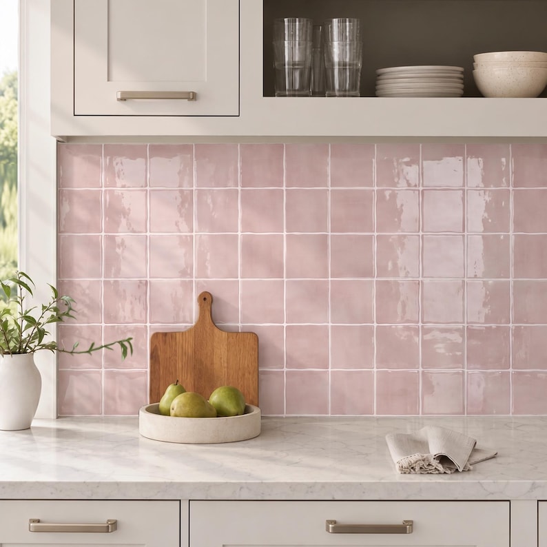 May include: A kitchen backsplash featuring square, glossy, light pink ceramic tiles with a subtle wavy texture. The tiles are arranged in a grid pattern with white grout lines, set against white cabinetry and a white marble countertop.