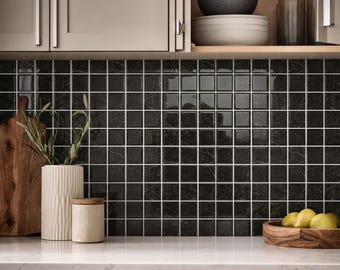 Thicker Black Marble Self Adhesive Tile: 3D Glossy Vinyl Kitchen Backsplash Stickers,10pcs