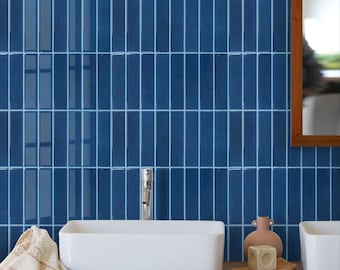 Navy Blue Linear Mosaic Peel and Stick Backsplash, Vinyl Kitchen Tile (10 Pcs)