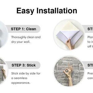 May include: An instructional graphic with the text "Easy Installation" shows the steps for applying a wall covering. Steps include cleaning the wall, peeling off the backing, sticking the covering, and pressing firmly. The wall covering has a stone-like appearance.