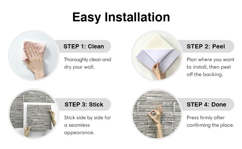 May include: An instructional graphic with the text "Easy Installation" shows the steps for applying a wall covering. Steps include cleaning the wall, peeling off the backing, sticking the covering, and pressing firmly. The wall covering has a stone-like appearance.