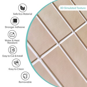 10Pcs 3D Beige Peel and Stick Backsplash Tile Matte Linear Mosaic Self Adhesive Wall Tile Water & Heat Resistant 11.8x11.8Inch zdjęcie 4