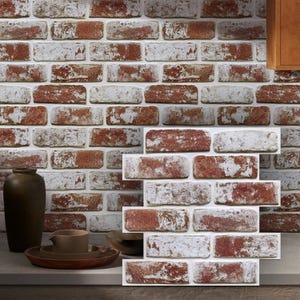 Può includere: Un pannello rettangolare per rivestimento murale con un motivo a mattoni realistico dall'estetica invecchiata. Il design presenta texture di mattoni rossi e bianchi alternati, creando un aspetto rustico per applicazioni su pareti interne.