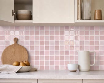 Thicker 3D Pink Peel and Stick Wall Tiles: Glossy Square Vinyl Backsplash, 10 Sheets