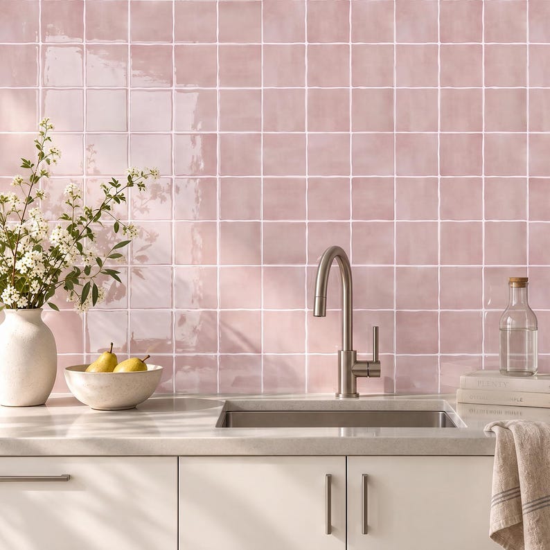 May include: A kitchen backsplash featuring square, glossy, light pink ceramic tiles with white grout lines. The wall is paired with a stainless steel gooseneck faucet, a white ceramic vase with white flowers, a bowl of pears, and a glass bottle.
