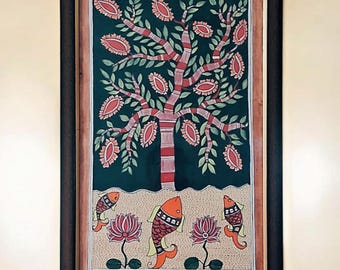 Mithila Art: Hand-Painted Tree of Life, Fish Wall Decor